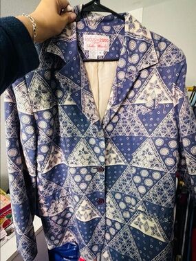 Vintage Focus 2000 Blue and Cream Geometric Print Blazer